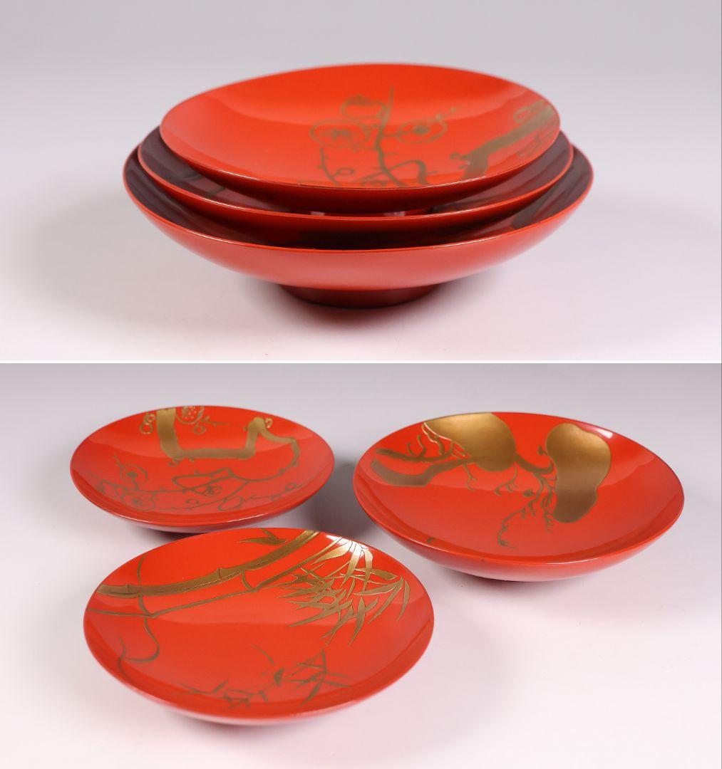 CM358】時代 法橋光琳造(尾形光琳) 松竹梅蒔絵 朱塗 三ッ盃 木製