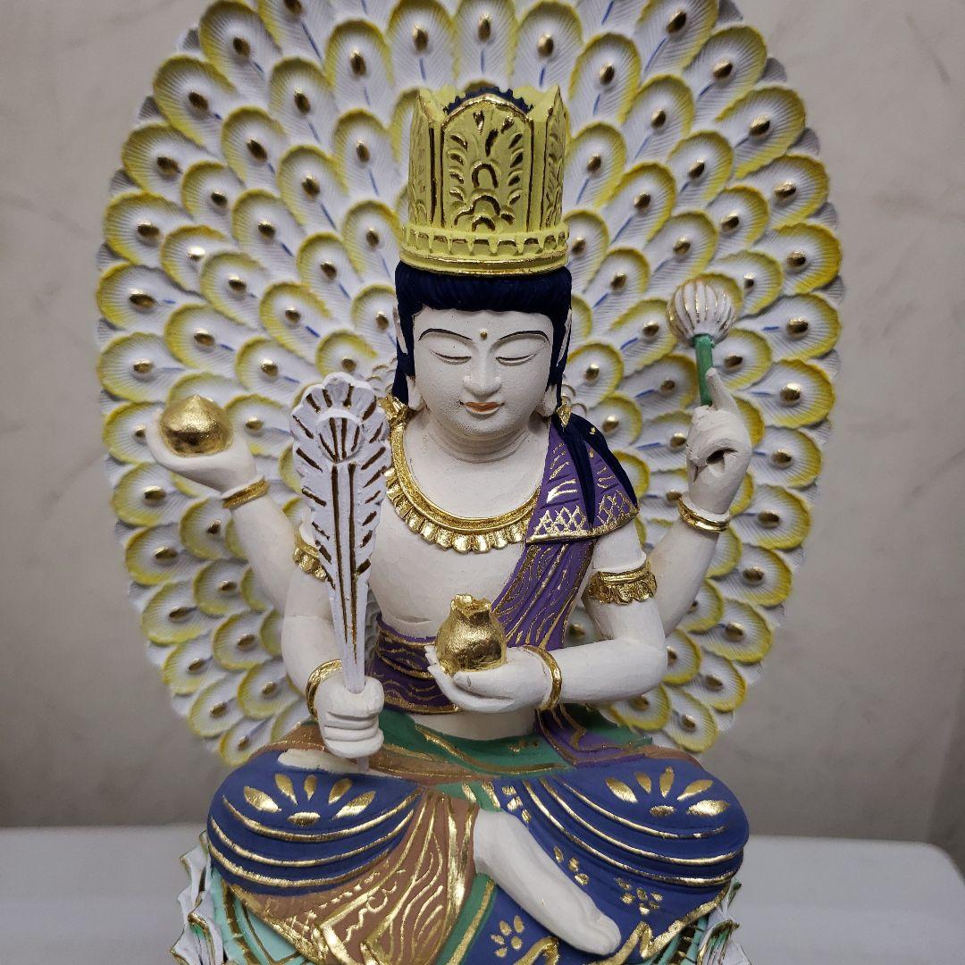 Bフライデー 最強魔除け仏像☆柘植 孔雀明王像3寸 極彩色 錐金眼入