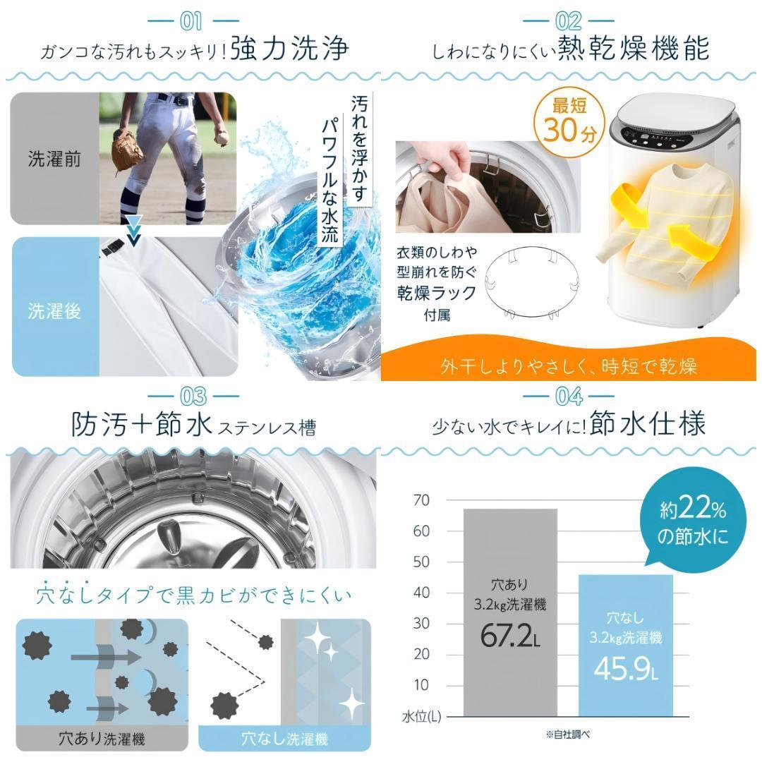 洗濯乾燥機 縦型 3.2kg 全自動 穴無しステンレス槽 ヒーター乾燥26