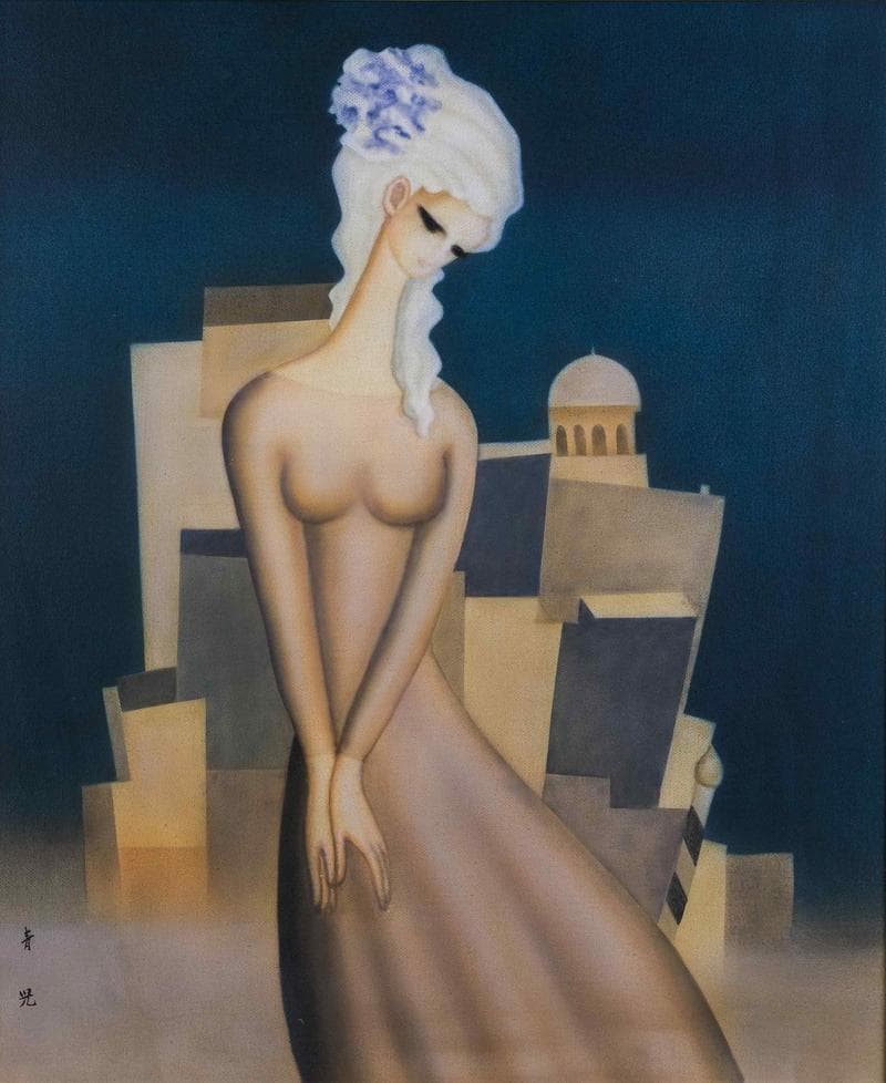 東郷青児 油彩 肉筆『ベニス』表と裏サイン 画廊シール F8号 額装 b765