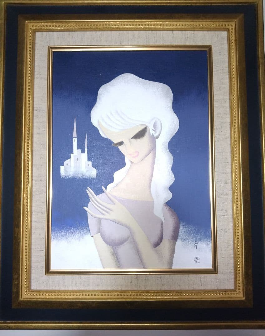 東郷青児、絵画、美人画、油彩4号、赤い尖塔、額縁、肉筆保証、宮永