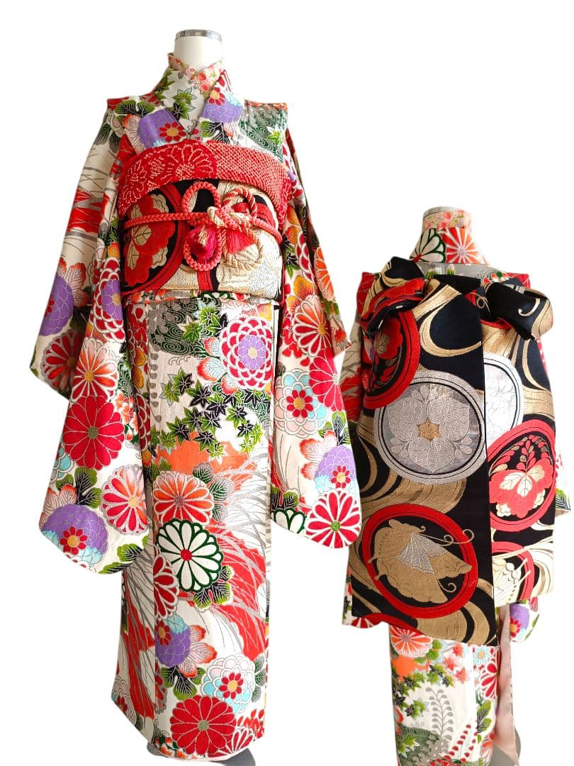 アンティークレトロポップな着物と黒地だらり帯セット