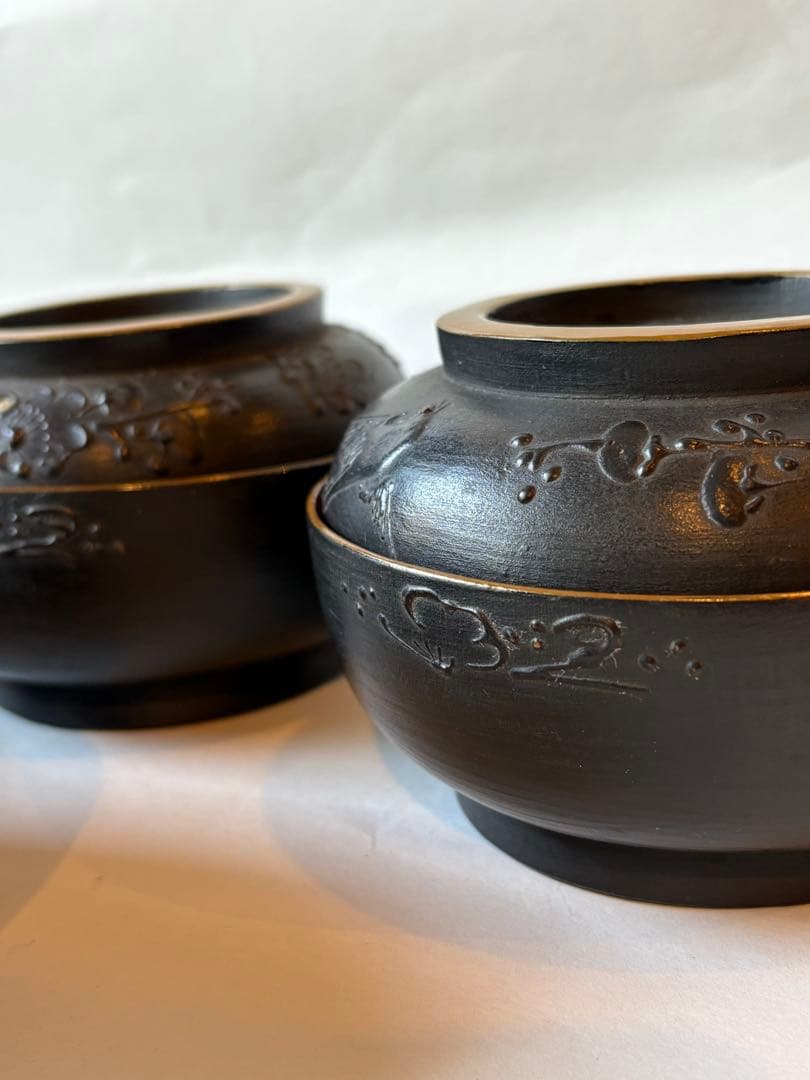 明治 大正期 会津塗 鉄錆塗 蒔絵 富士山 木製 蓋付き お椀 梅鶯