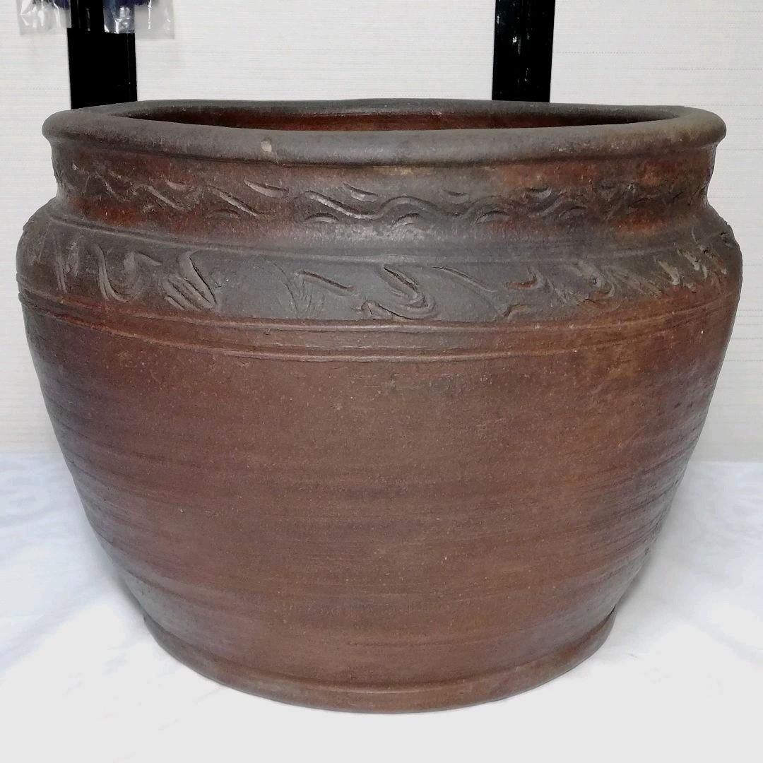 金重分銅印 備前焼 波状文火鉢 メダカ鉢 睡蓮鉢 金魚鉢 容器 水槽 工芸