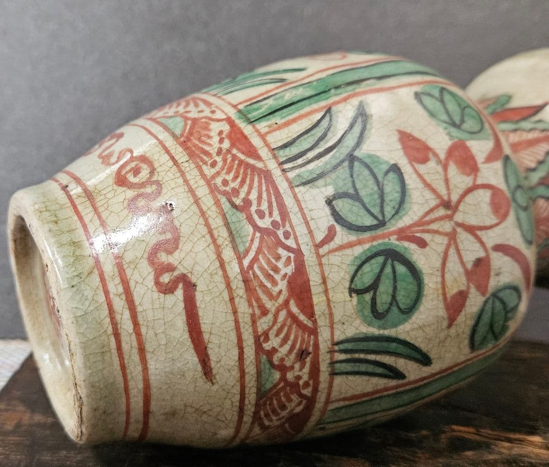 古代中国 明代～清代頃 古赤絵 天啓赤絵 四面花文様 広口壺 罐 花入れ