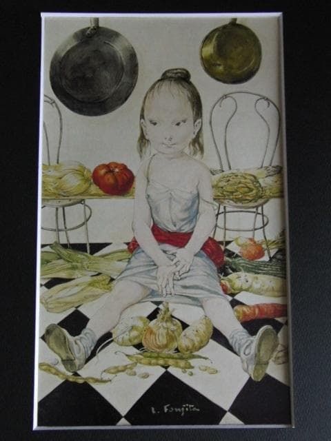 藤田嗣治、【台所】、希少な額限定装用画集より、新品額装付 藤田嗣治 台所の少女と猫 戦後藤田の代表作のひとつ。没後に複製版画