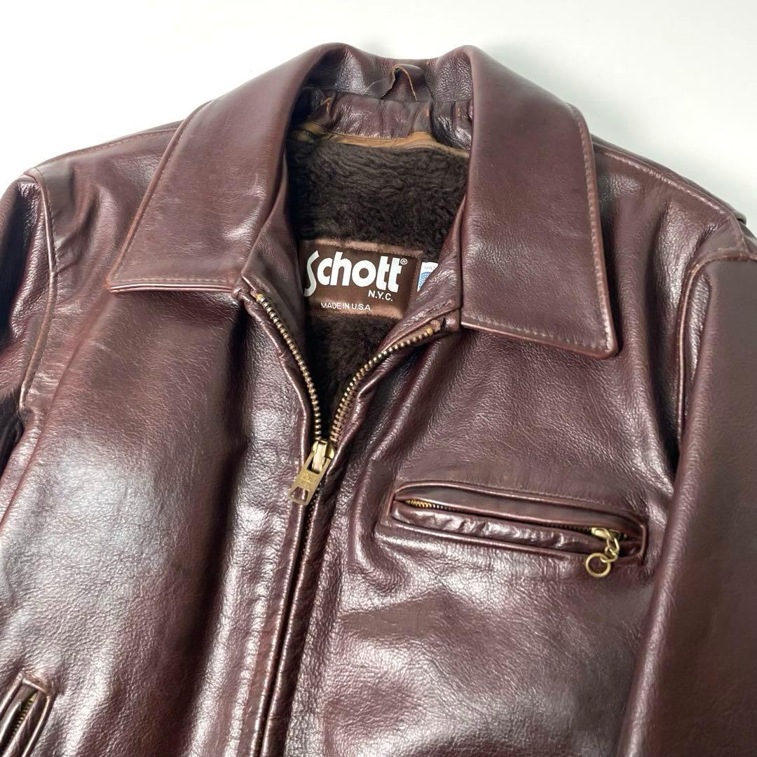 米国製】Schott レザー ライダースジャケット 赤茶 36 ボアライナー付