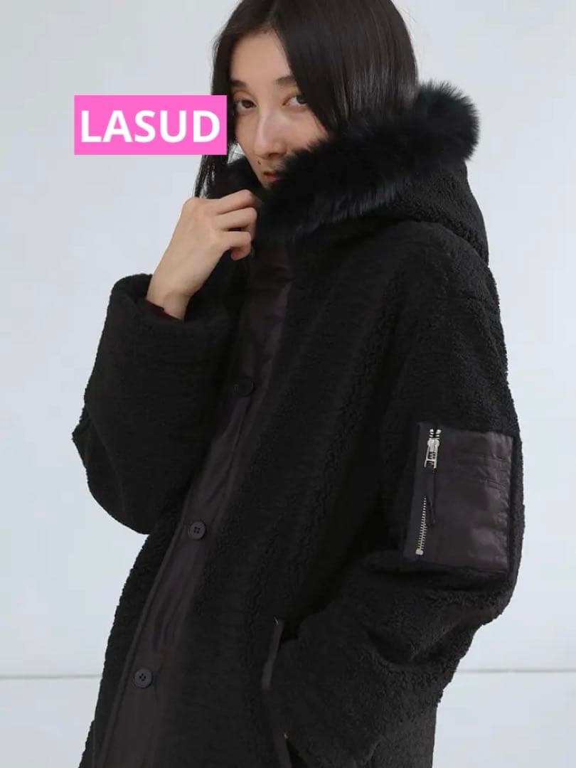 LASUD ファーボアコート ブラック 未使用品 サイズ9号 定価34000円