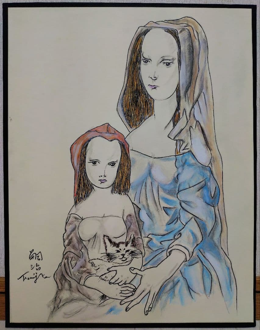 F6号】藤田嗣治【母子像】手描き作品/表裏サイン・鑑定書有り/油彩