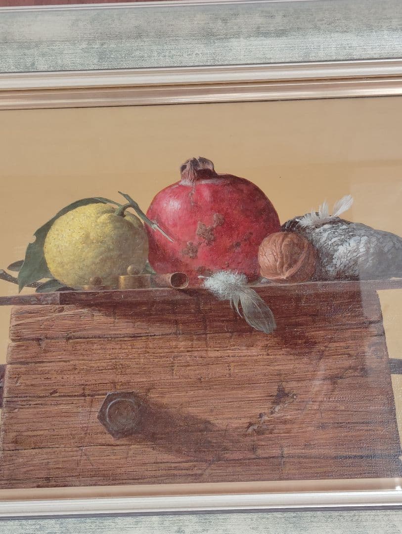 「供するHexis」果物と木箱の油彩画吉川幹広作F4号
