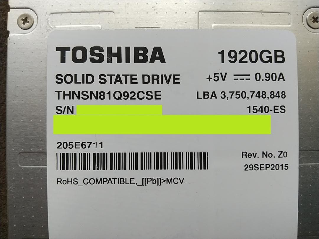 SSD 2TB(1920GB) 2.5 SATA 東芝 使用:814h 785回