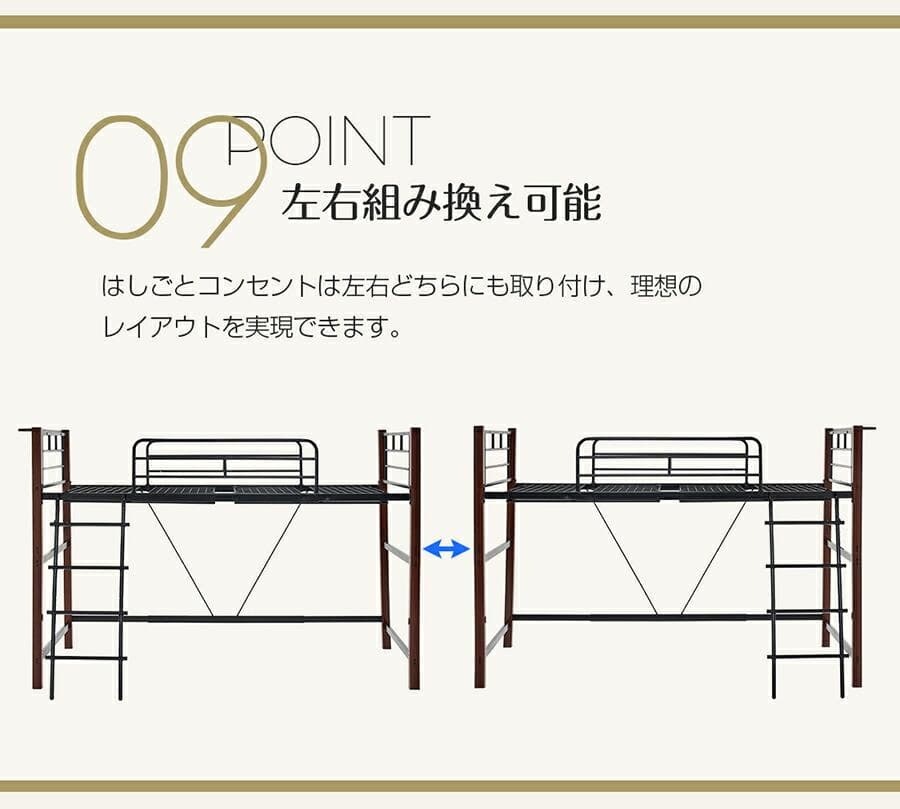赤字価格ロフトベッド デスク付き コンセント付き 耐荷重150kg BLACK
