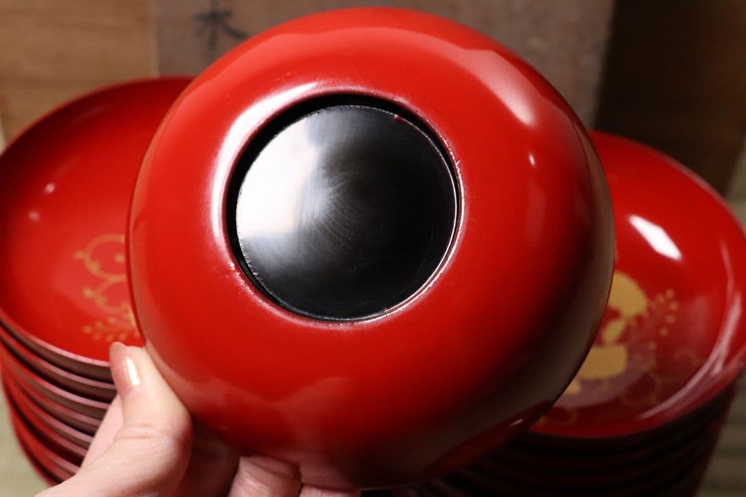 木製漆器 桐唐草蒔絵 朱塗銘々木皿 十九客 11.8cm 木箱 金蒔絵 MA12