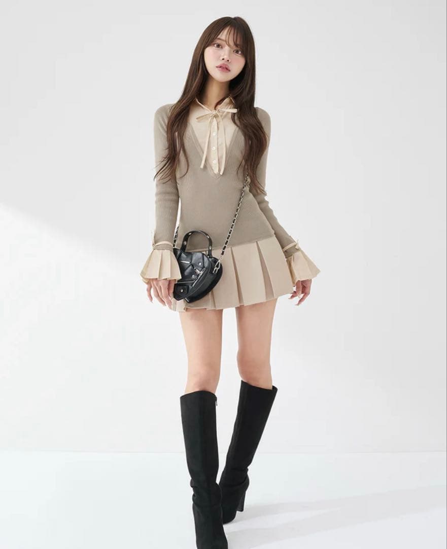 ダーリッチ Darich シャツドッキングプリーツミニワンピース Free