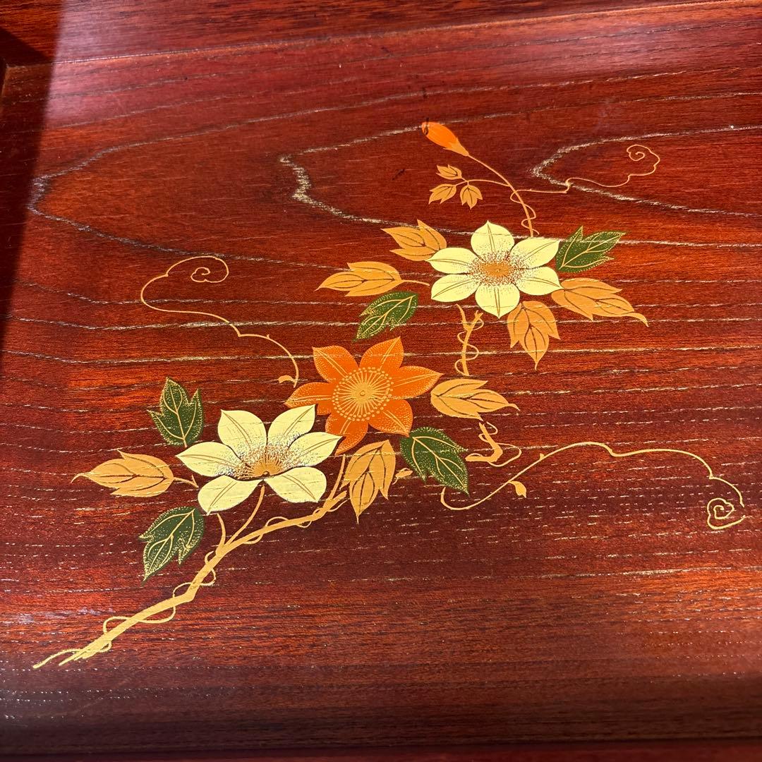 会津塗 木製盆 花の蒔絵 落款あり