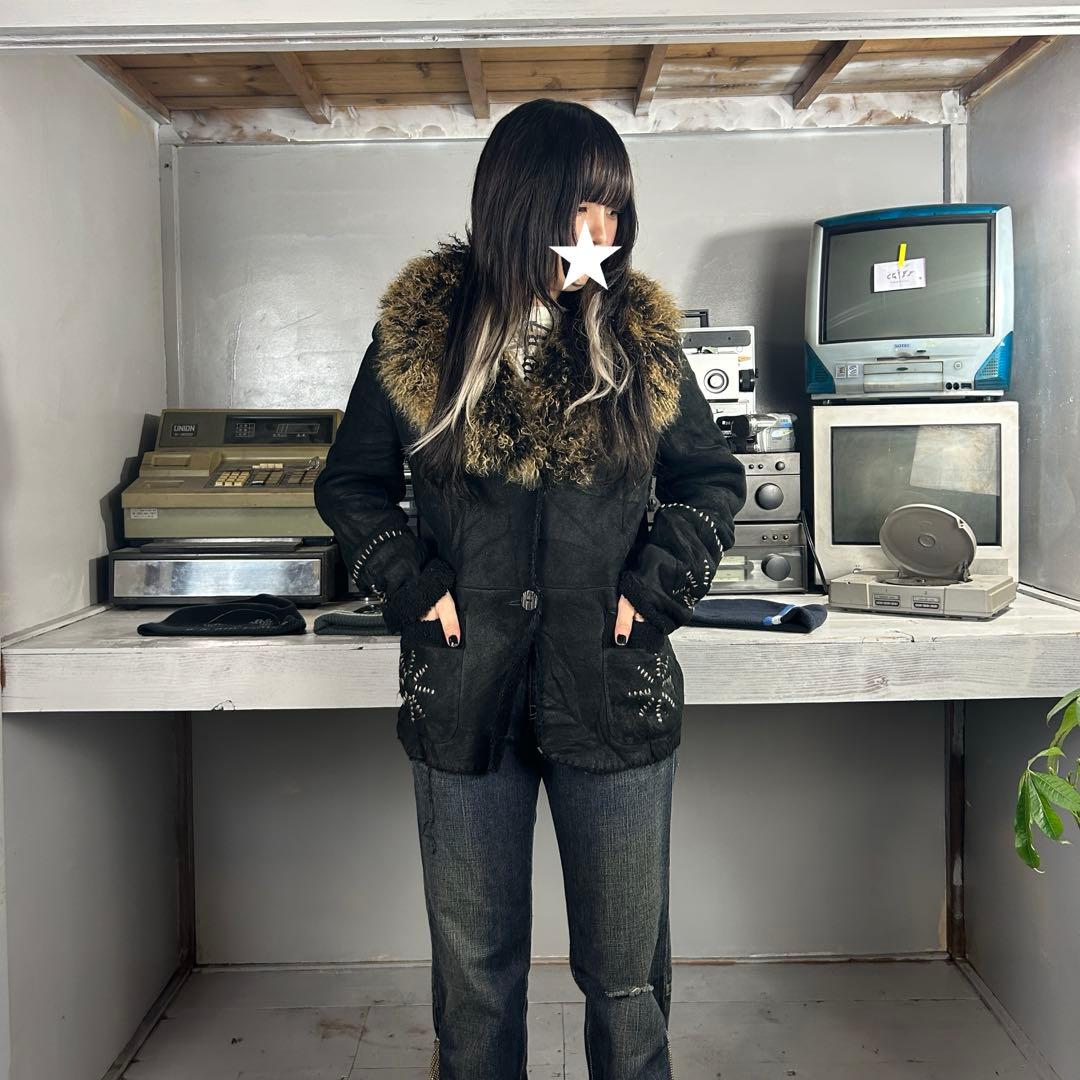 y2k フェアリー グランジ used 黒 ムートンコート ファー付き古着