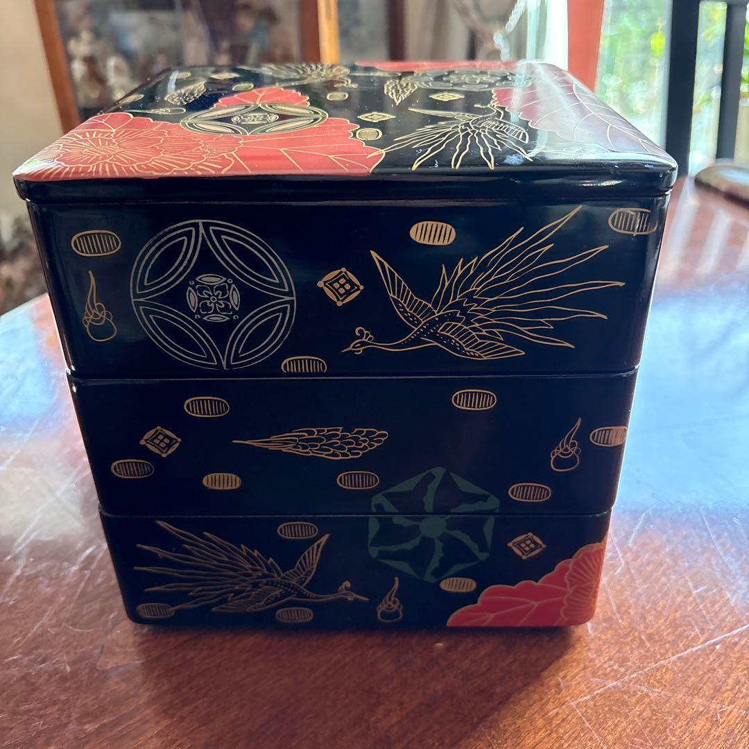 本漆会津塗 「錦絵文」 三段重箱 花柄 鶴 黒の通販はau PAY マーケット