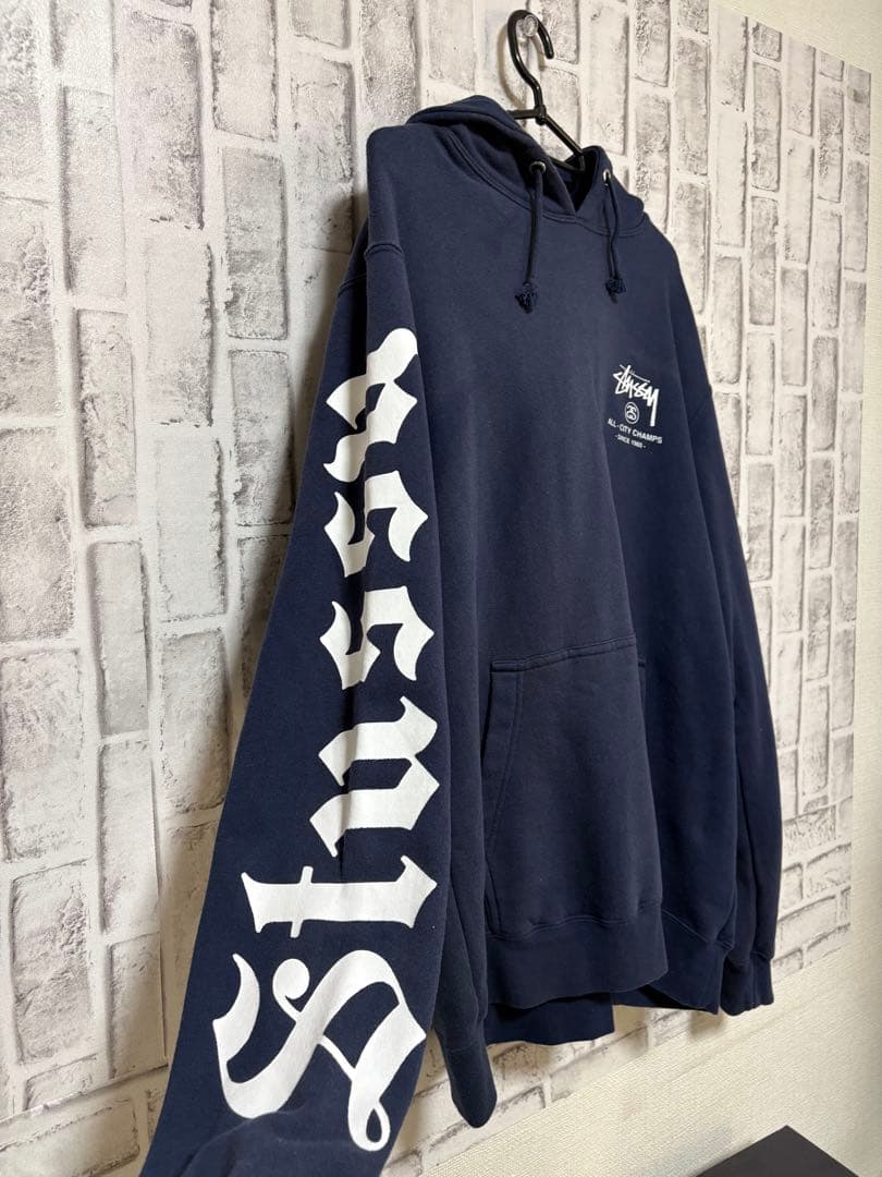 STUSSY◎紺白 袖ロゴ ストックロゴ パーカー ネイビー 古着