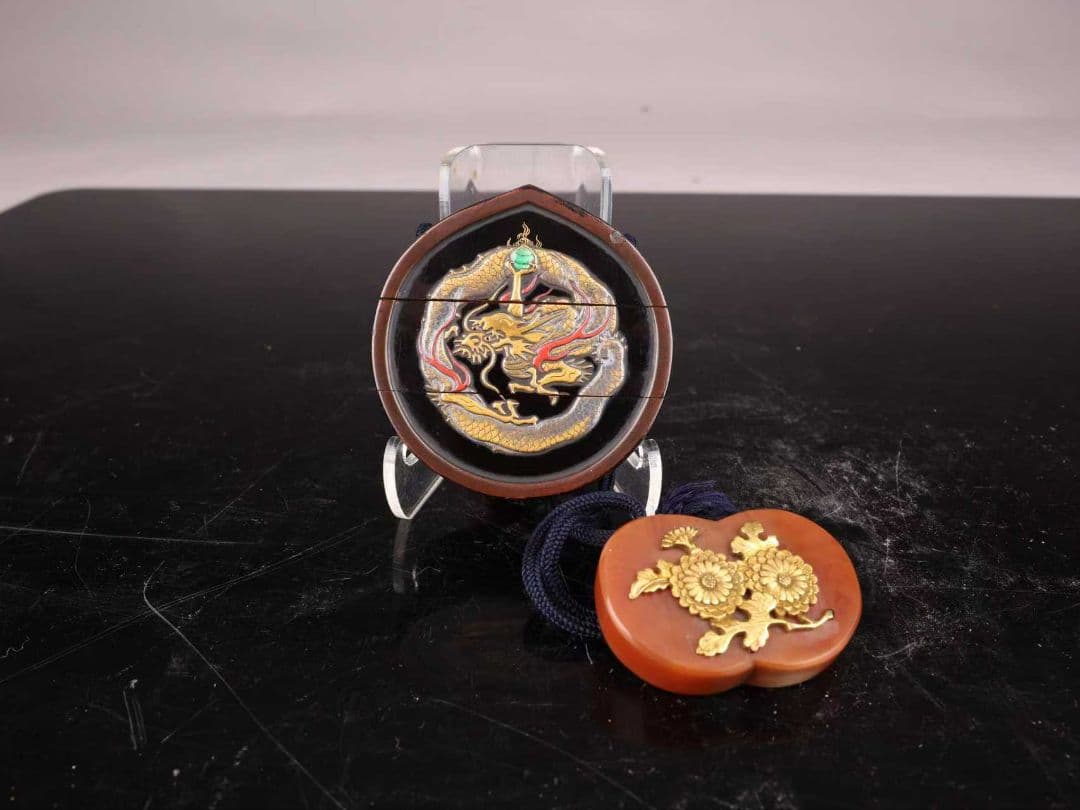 A91 【印籠】 時代漆芸 金彩蒔絵 龍紋 内梨地 丸根付 傷有 | 激安通販
