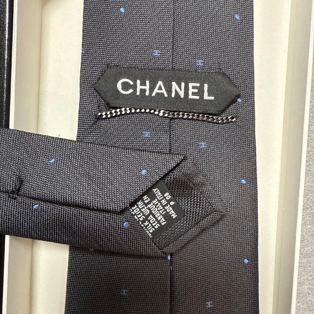 美品 シャネル ネクタイ グレー CCココマーク チェーン付 シルク