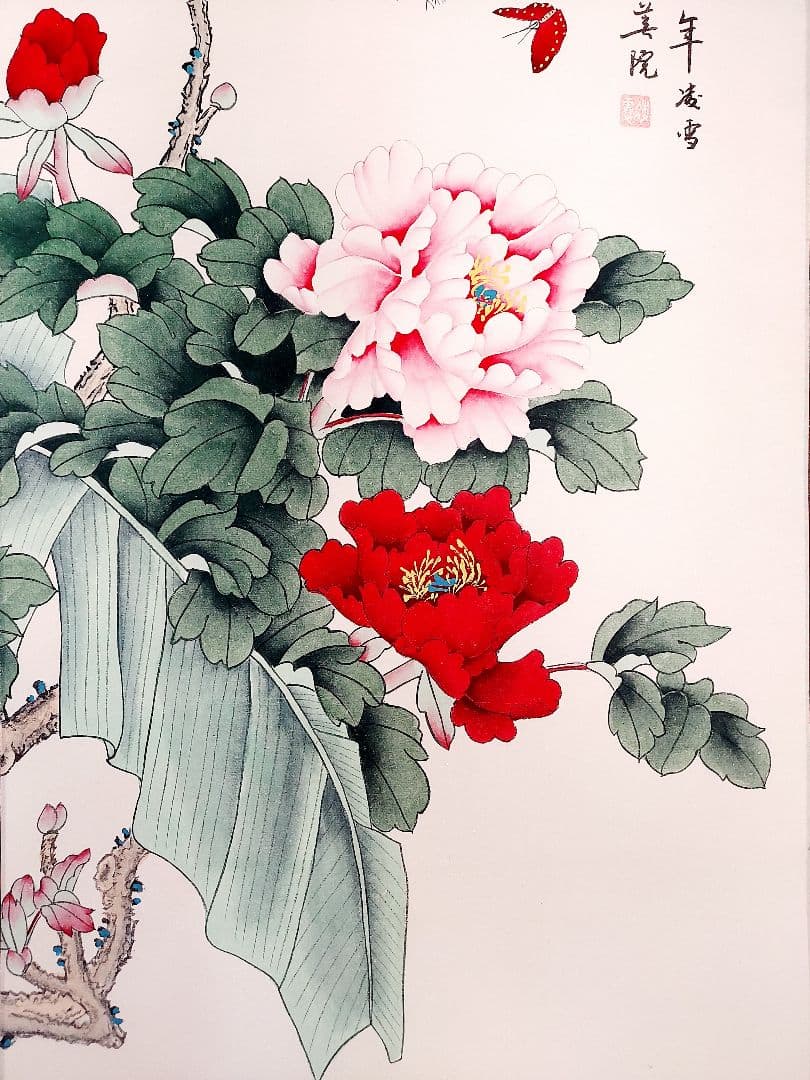 絹本　肉筆　花開富貴　掛軸　工筆画　no.5-9