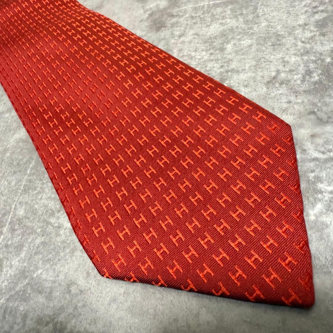 HERMES エルメス ネクタイ レッド ファソネ H柄 定番 王道 希少 光沢