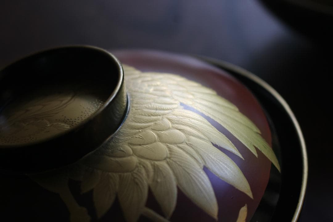 時代逸品！時代金縁黒漆に極上日の出鶴蒔絵の映えるお椀2点（