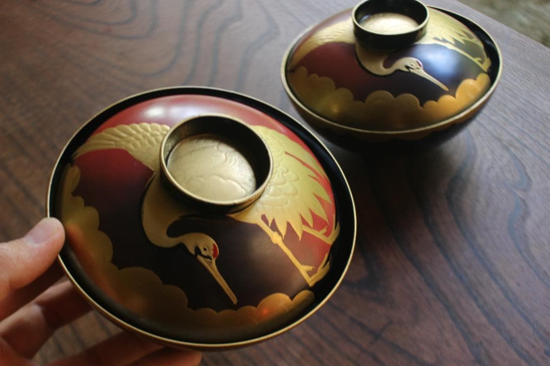 時代逸品！時代金縁黒漆に極上日の出鶴蒔絵の映えるお椀2点（