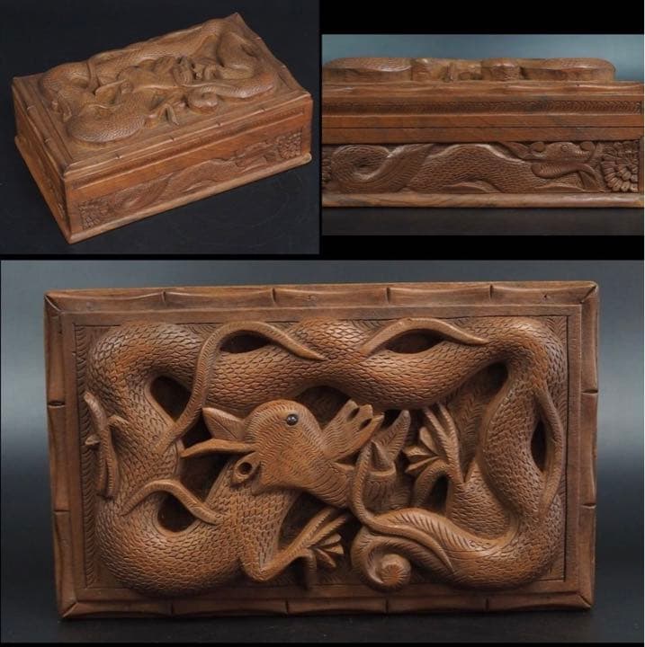 送料無料　時代物　龍彫刻からくり宝石箱　珍品木箱 龍 | からくり箱