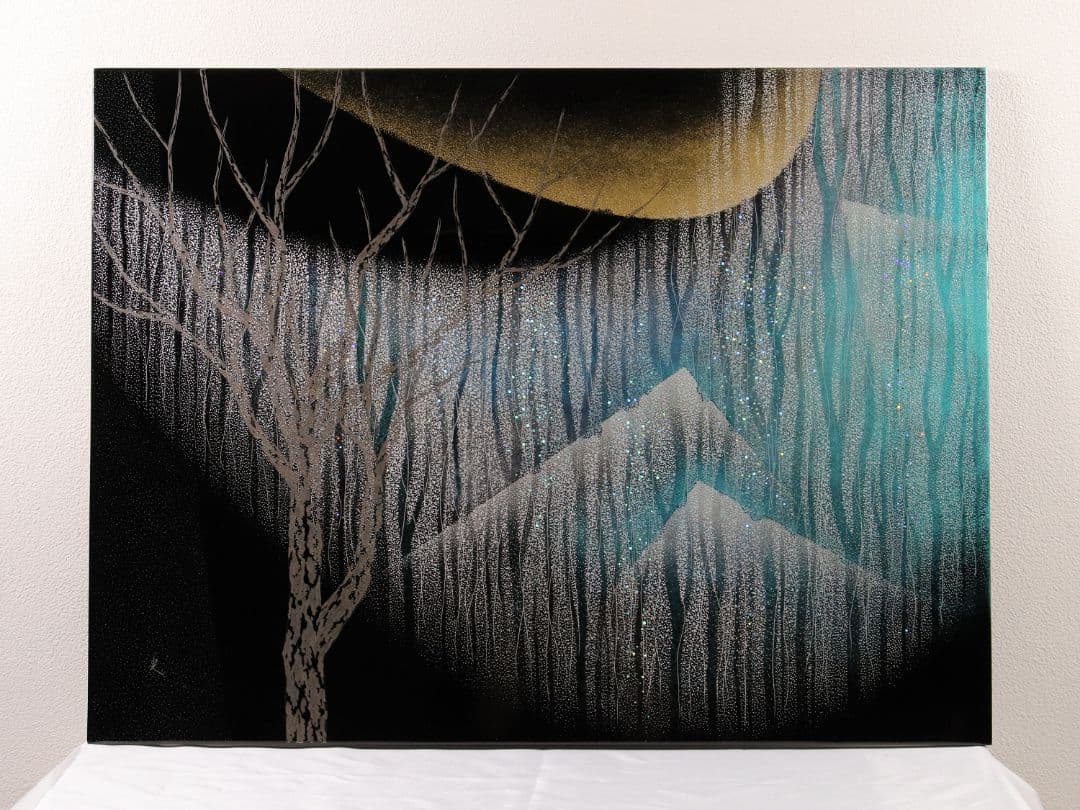 真作】漆芸画 新木光「月夜の詩」輪島市美術展出品 額装 12号 沈金銀