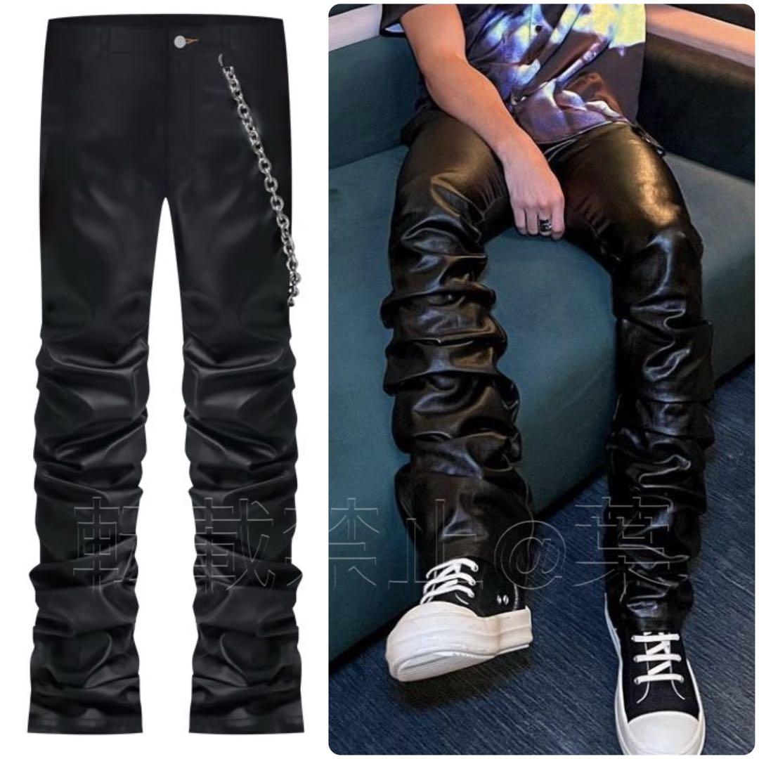 mnml スタックレザーパンツ 裾溜め 腰履き S ブラック レザーデニム