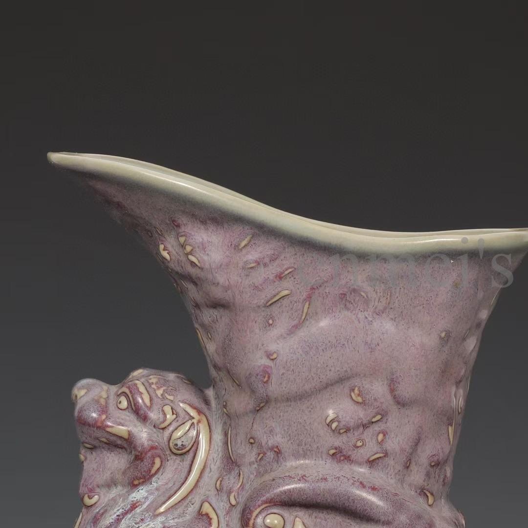 中国古美術・宋鈞窯款・玫瑰紫釉獅子爵杯・酒具・木箱付・文房具