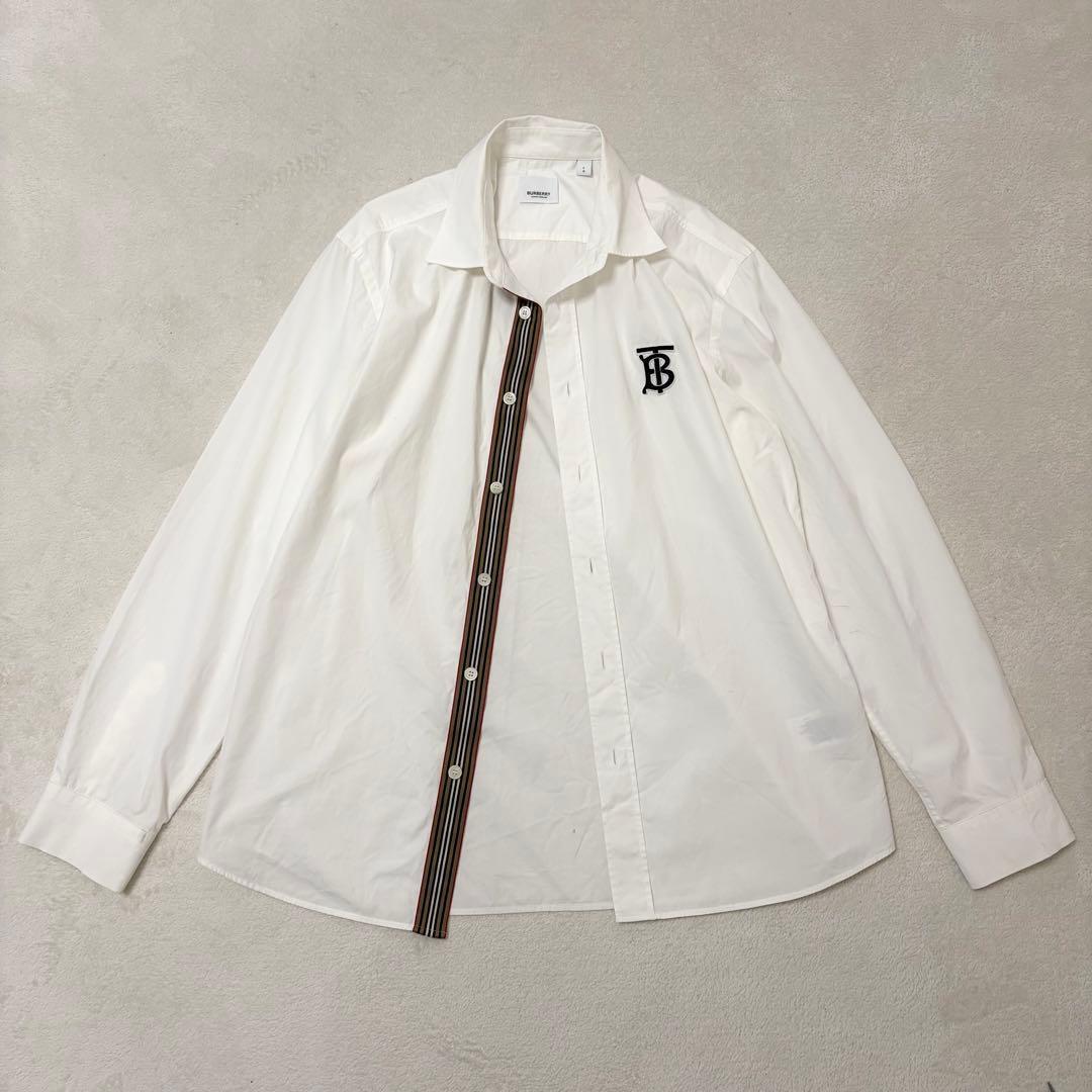 【現行美品】バーバリー 長袖シャツ 白 ドレスシャツ TBロゴ L チェック BURBERRY (バーバリー) 襟裏チェック 胸ロゴ刺繍 レギュラーカラー