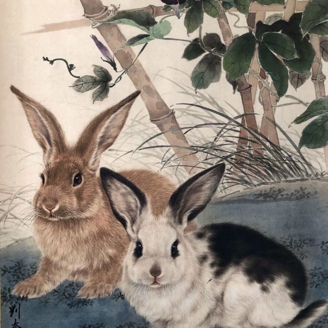 中国水墨画 掛け軸 刘奎龄《花下双兔》中堂 掛け軸／装裱済み／鑑賞用／実物撮影