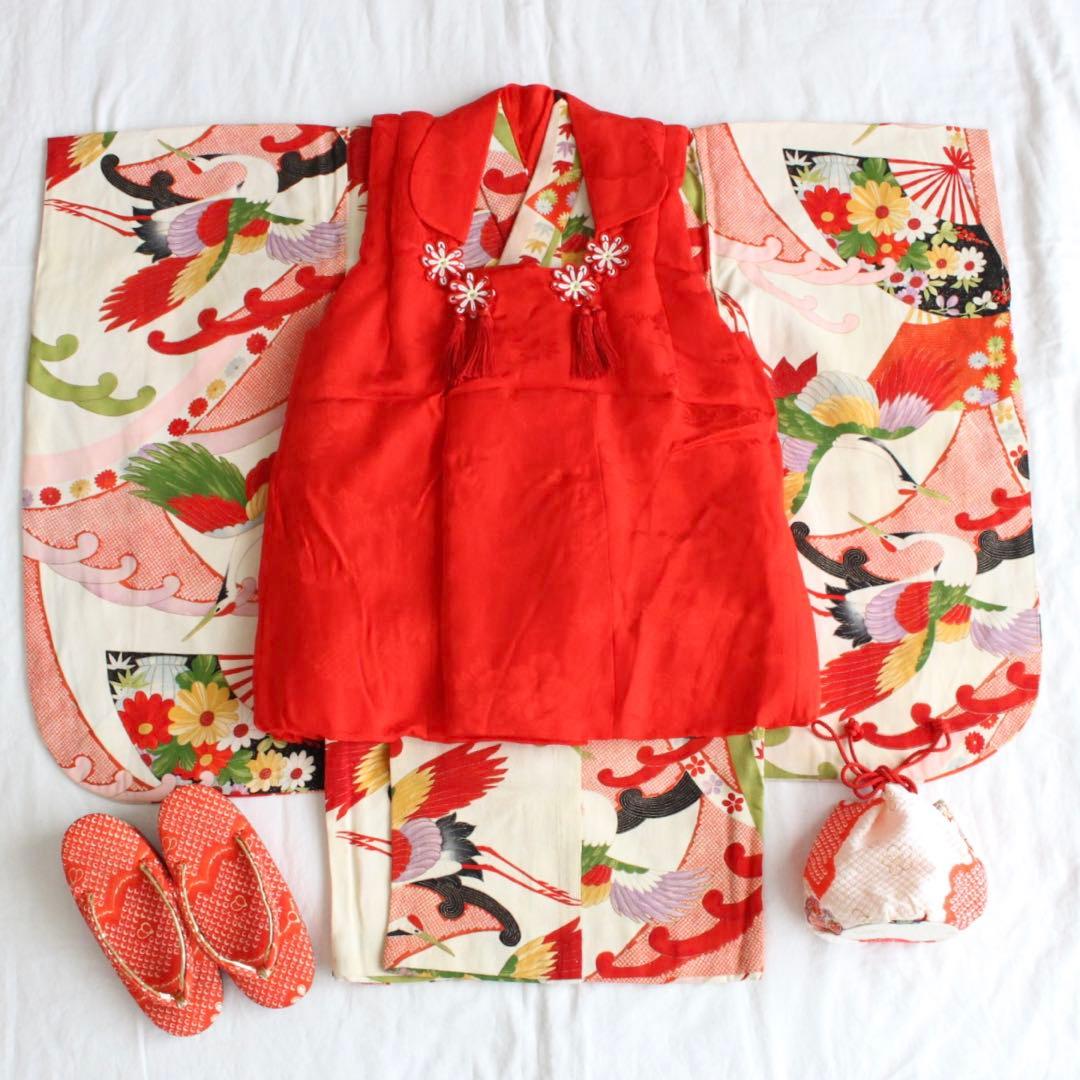 七五三 3歳 女の子 子供 アンティーク 鶴 着物 被布 セット 七五三 着物 3歳 被布セット 女児 梅に鶴 水色 ピンク 三つ身着物