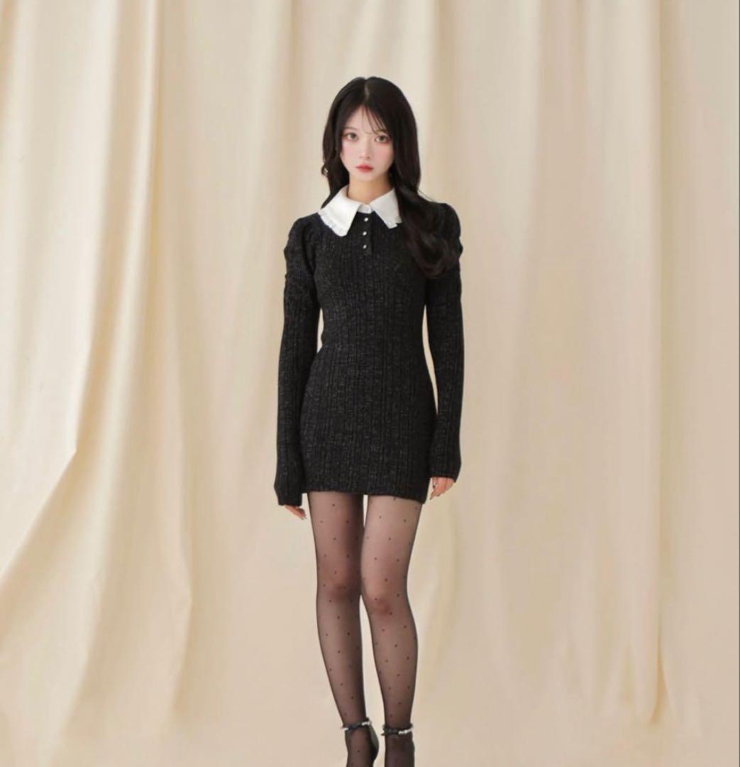 M me eme エムミーエメ フリルカラーニットミニワンピース - メルカリ