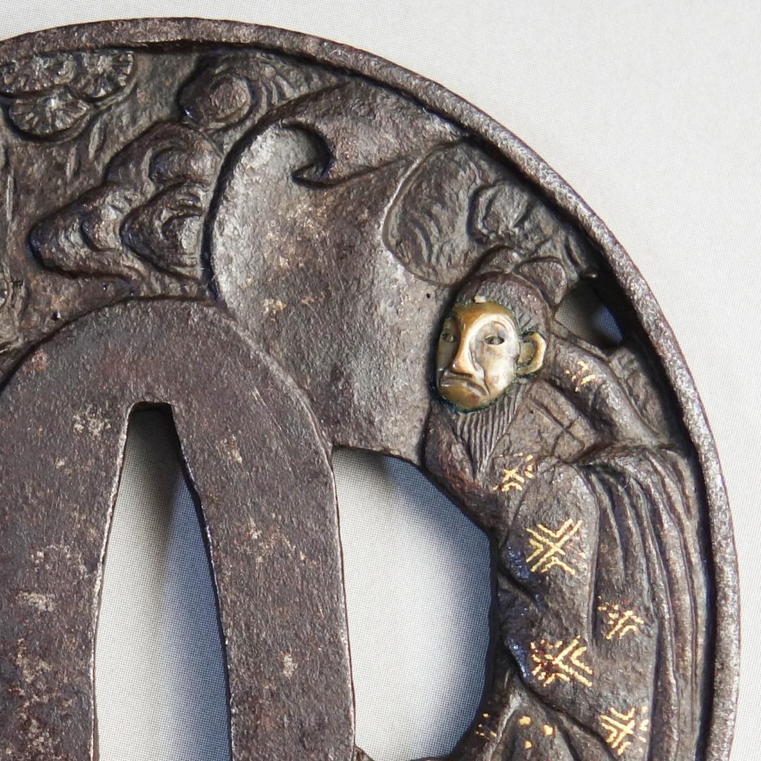 岩窟賢人巻物図鍔 銅象嵌】 鍔 鐔 鉄地 刀装具 日本刀 武具 江戸 骨董