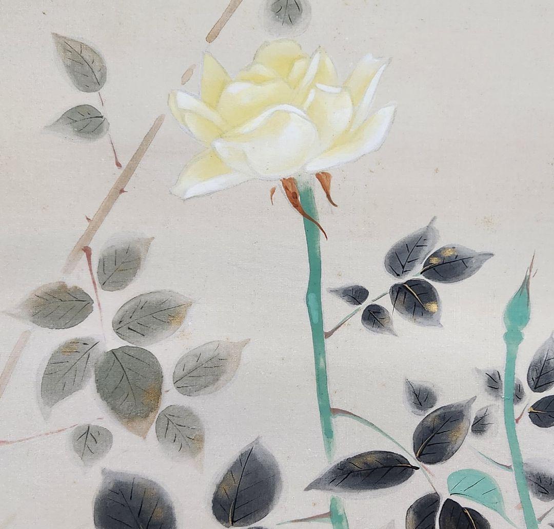 薔薇小禽図】新村友畝 2695 バラ 掛け軸 肉筆 共箱 荒木十畝門下