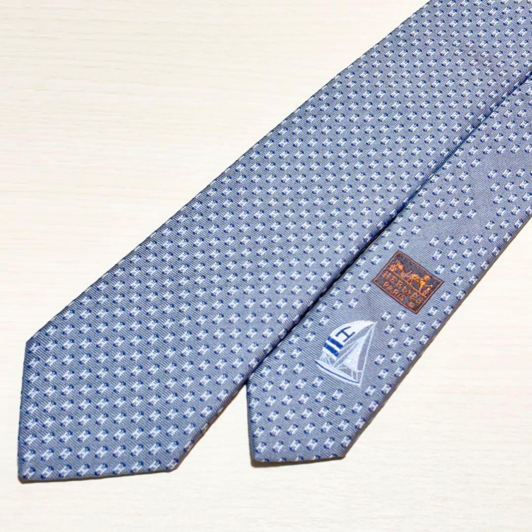 HERMES エルメス 美品 H柄 ジャガード織り グレー 帆船柄 ネクタイ