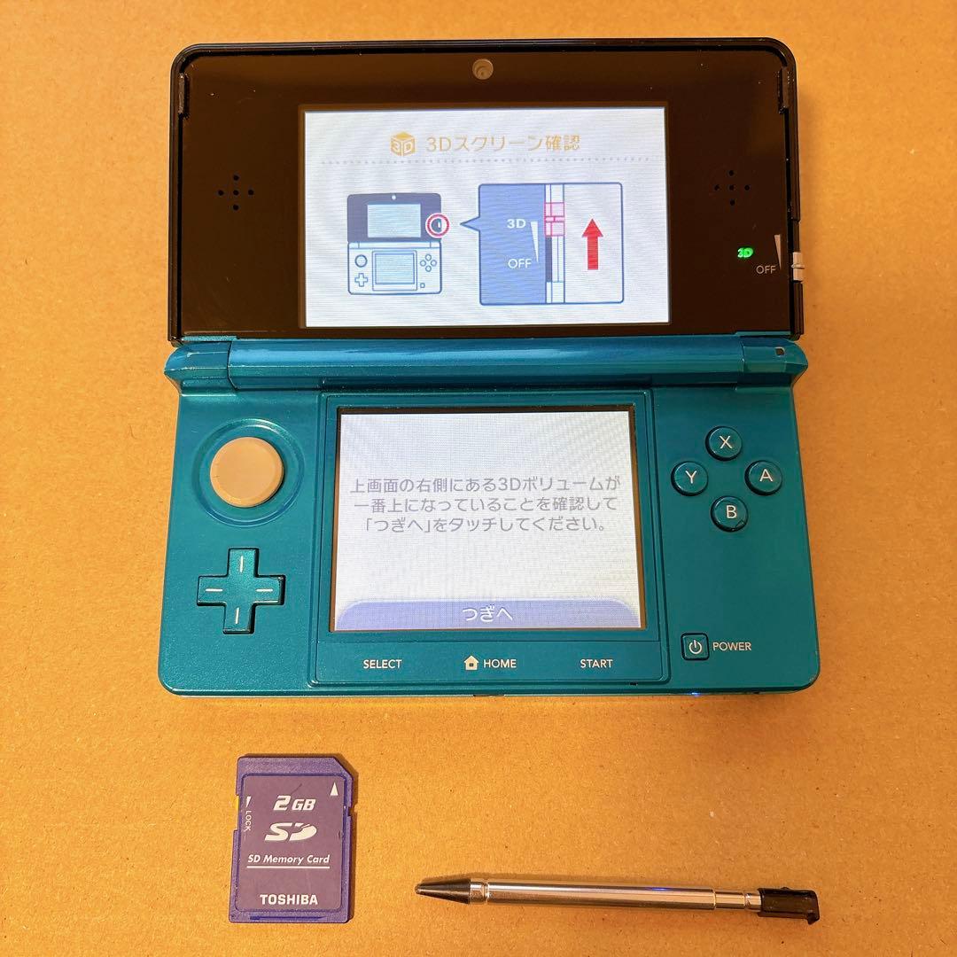 ニンテンドー3DS 本体 2GBメモリーカード.ペン付 動作確認済 アクア