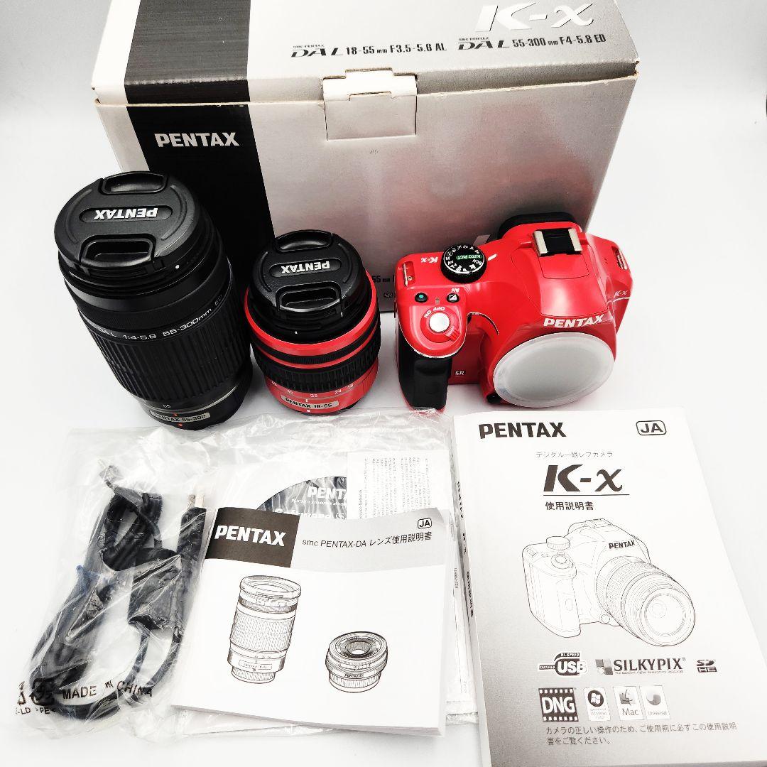 【美品】PENTAX K-X レッド 標準+超望遠レンズセット 箱、説明書付き