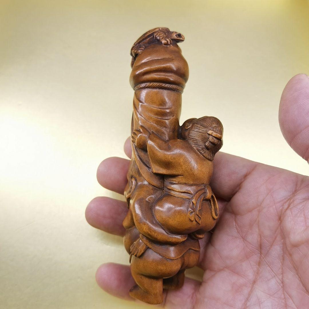 「草田雲非」《整理番号:BK051》 黄楊彫刻夫婦円満長寿ユーモア縁起置物