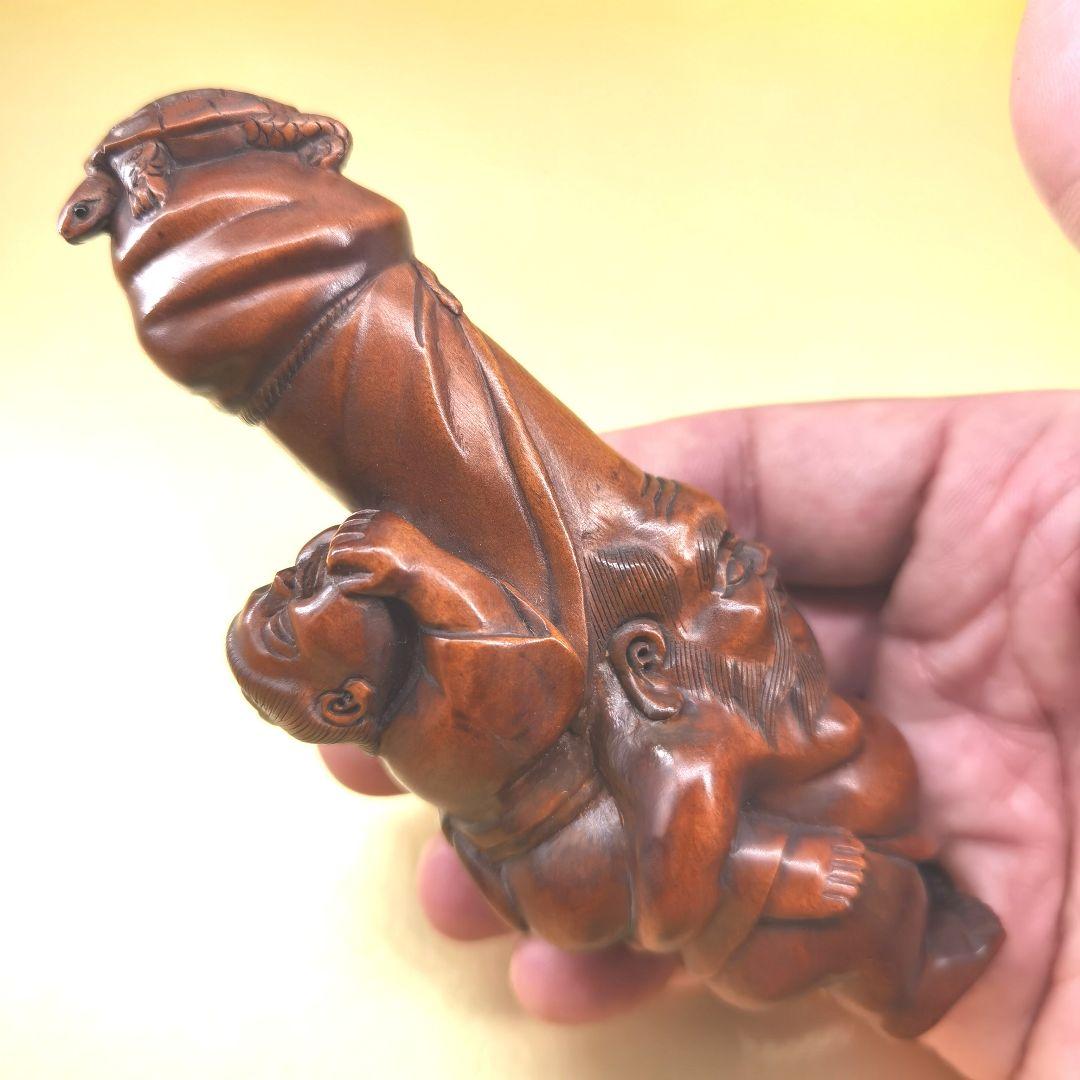 「草田雲非」《整理番号:BK051》 黄楊彫刻夫婦円満長寿ユーモア縁起置物