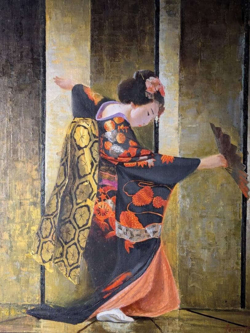 真作】絵画 油彩12号 優雅な舞姿 着物美人 日本の伝統美 和の情景 V111