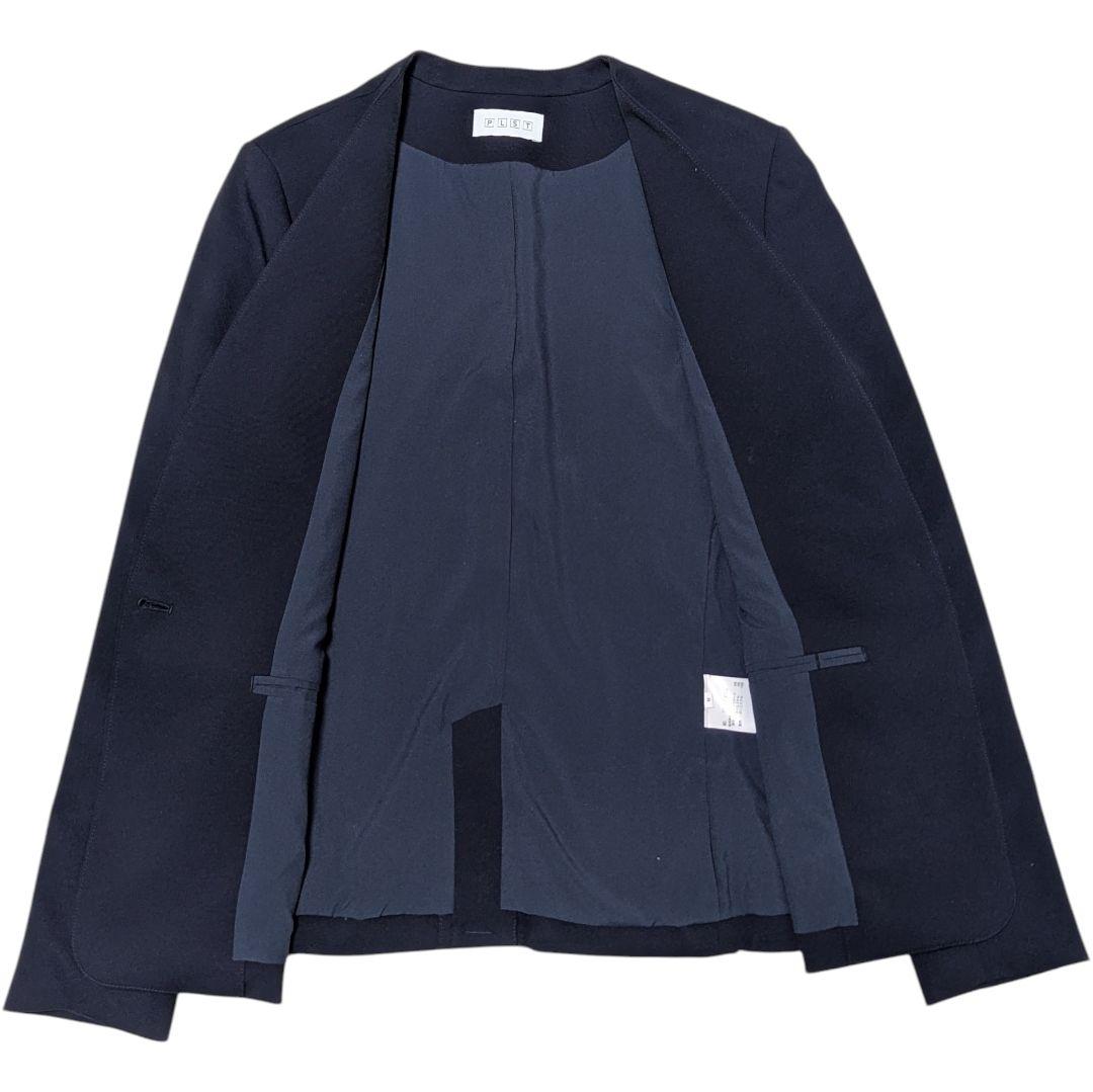 PLST ノーカラー ネイビー パンツスーツ セットアップ M