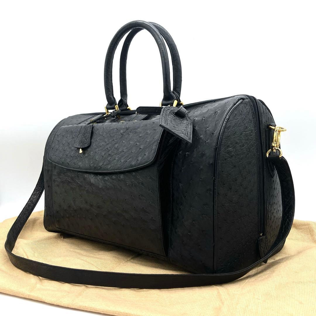 極美品　大型【オーストリッチ本革】ボストンバッグ　ゴールド金具　ブラック ゴールドメン（GOLDMEN） 本革 ボストンバッグ ショルダー 大きめ 軽い