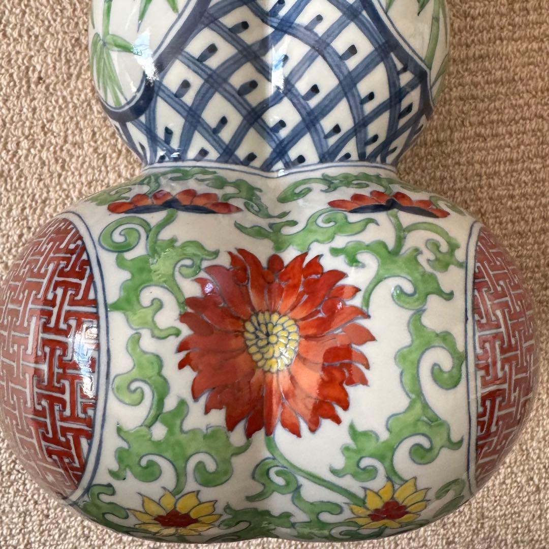 大清雍正年製 瓢箪型花瓶 壺 木製台座付き 粉彩 中国古