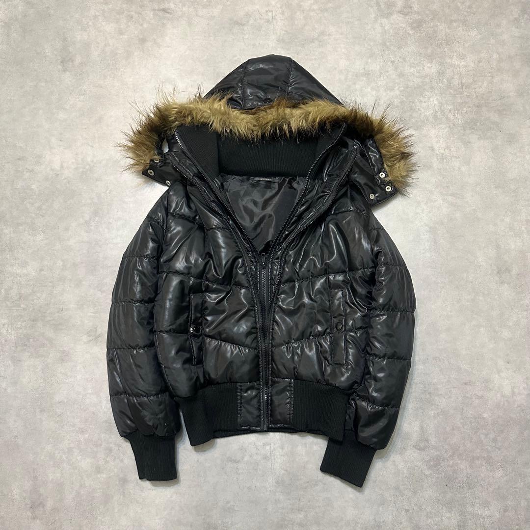 平成ギャル y2k 光沢 ファー付き ダウン パーカー 黒 グランジ お兄系