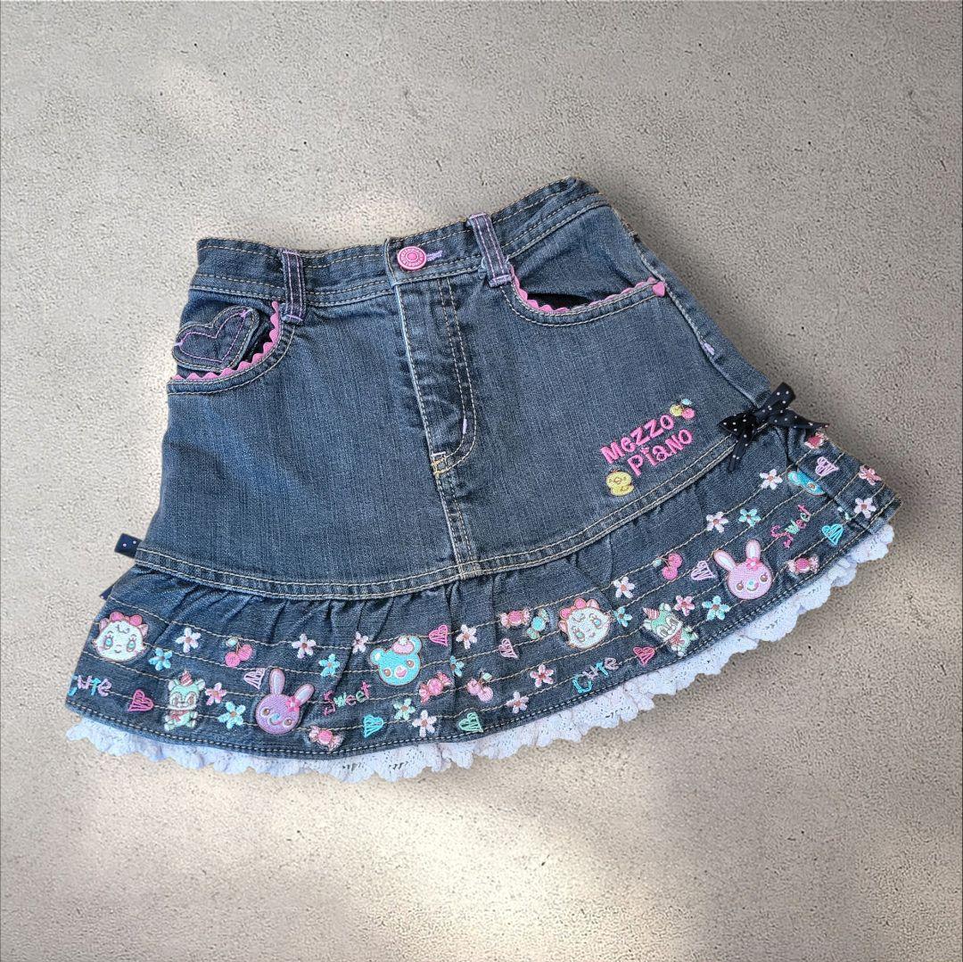 【当時物】Mezzo piano ミミポポちゃん デニムスカート刺繍 平成レトロ レア✨レトロ メゾピアノ ジャンパースカート デニム ミミポポちゃん
