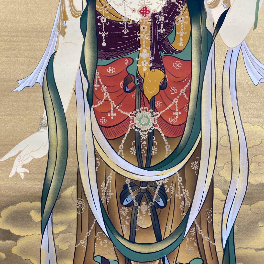 美品 掛け軸 高橋如水作 金地 阿弥陀三尊仏 共箱 仏画 年中